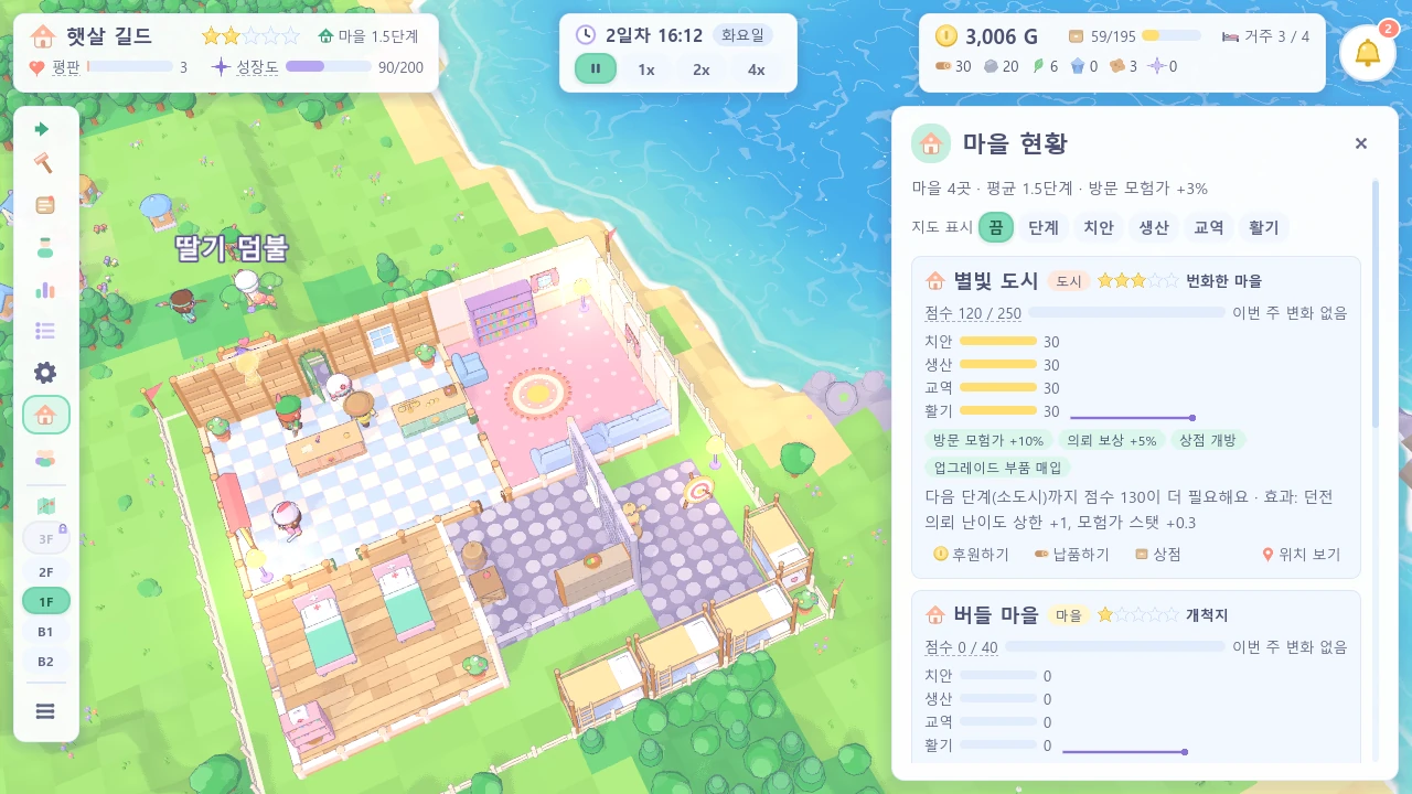업데이트 1 마을 발전 패널과 길드 전경